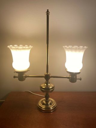 Vintage Brass Double Arm Student Table Desk Lamp With Reverse Frosted Shades