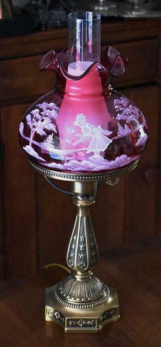 Lovely Rare Lmtd Ed Brass Fenton Lamp With Hand Painted Mary Gregory Style Shade