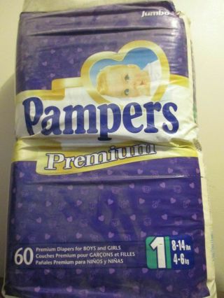 Vintage 1998 1 Pack Of 60 Pampers Premiums Diapers 8 - 14 Lbs Size 1