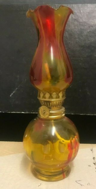Foreign Vintage Amber Glass Kerosene/ Oil Lamp Red/green Design/stain On Glass