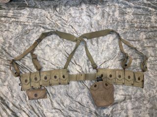 Ww2 Us Army M1923 M1 Garand Cartridge Belt W M1936 Suspenders Canteen - Khaki