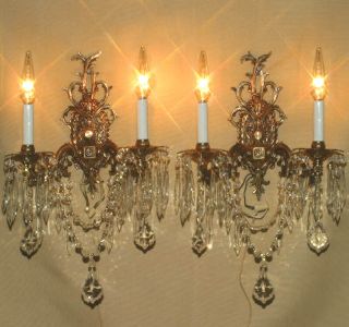 2 Vintage Sconces Gilt Bronze Brass Crystal Lamp Lighting Fixture French Spanish