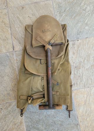Wwii Us T Handle Ames Shovel W Dumas Cover - Langdon Tent Awning Back Pack 1943