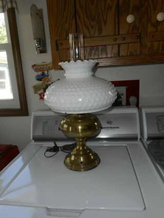 Vintage B & H Hobnail Brass Lamp Hurricane White Milk Glass Electric
