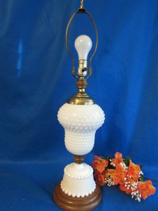 Tall Vintage Hobnail White Milk Glass Table Lamp With Wooden Base 28 " Tall