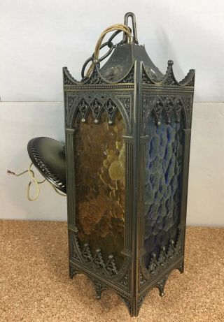 Vintage Gothic Brass Swag Hanging Lamp Light Fixture Stained Glass