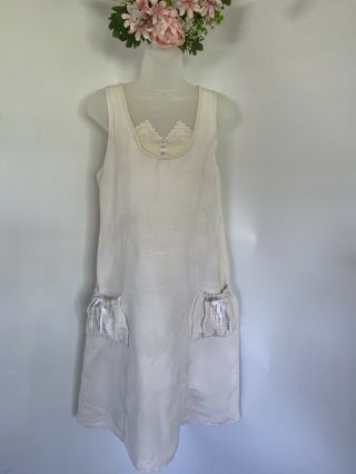 Vintage Cotton Linen Lace Dress Midi Sleeveless Camisole Petticoat Boho Peasant