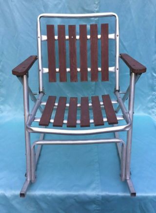 Vintage Red Wood Cedar Slat & Aluminum Lawn Rocker Folding Rocking Chair