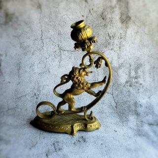 Antique Vintage Cast Brass Figural Lion Oil Lamp Chamber Stick Diya?