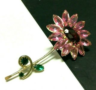 Vintage Pink Navette & Red Rhinestone Daisy Flower Brooch Long Stem Gold Ss25o