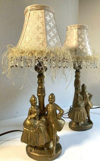 Vintage Pair Boudoir Table Lamps Victorian Figural Couple With Beaded Shades