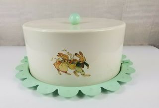 Rare Vintage Cake Tin Metal Cake Holder Keeper Carrier Cream & Green W Rabbits