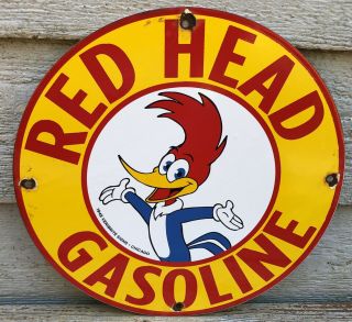 Vintage 1948 Dated Red Head Gasoline Porcelain Gas Station Pump Oil Sign