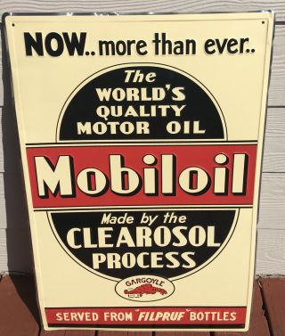 Stock Mobiloil Embossed Metal Tin Advertising Sign Clearosol Oil 30 " X 20 "