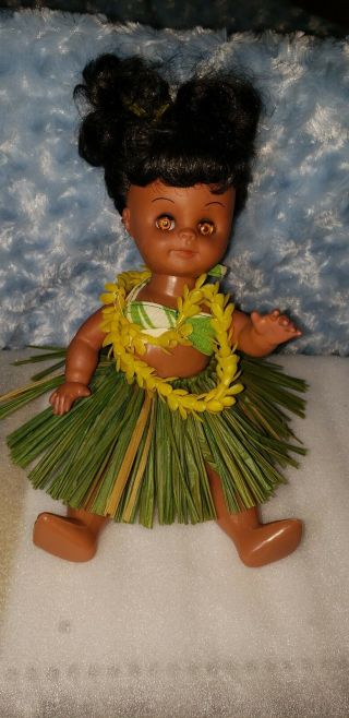 Vintage Hawaiian Sleep Eyes Doll Hula Skirt & Lei Hard Plastic Body Rubber Head