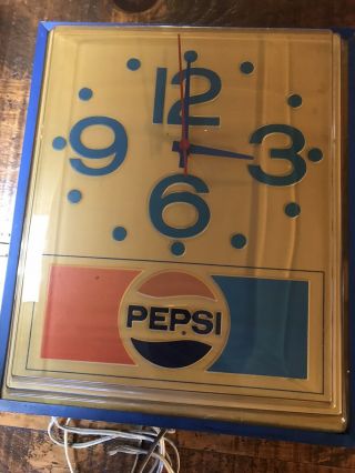 Vintage 70’s Pepsi Lighted Hanging Wall Clock Grimm Industries Lg16” Advertising
