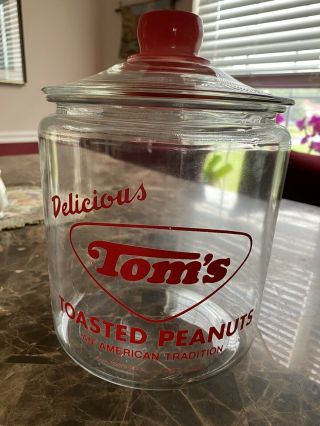 Vtg Red Tom’s Toasted Peanuts General Store Glass Jar W/lid Red Knob