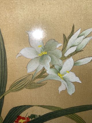 Vintage Framed Chinese Silk Painting FLOWERS White LILY Gold Frame 2