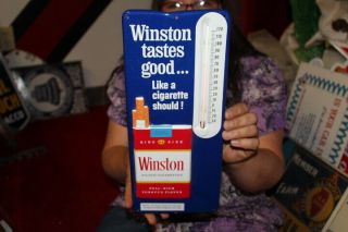 Vintage Winston Cigarettes Tobacco Gas Station Embossed Metal Thermometer Sign