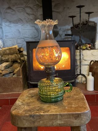 Vintage Oil Lamp With Etched Glass Shade
