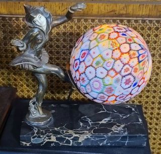 Antique Art Deco Lamp Pixi Harlequin Gerdago Figural Millefiori Shade Dome