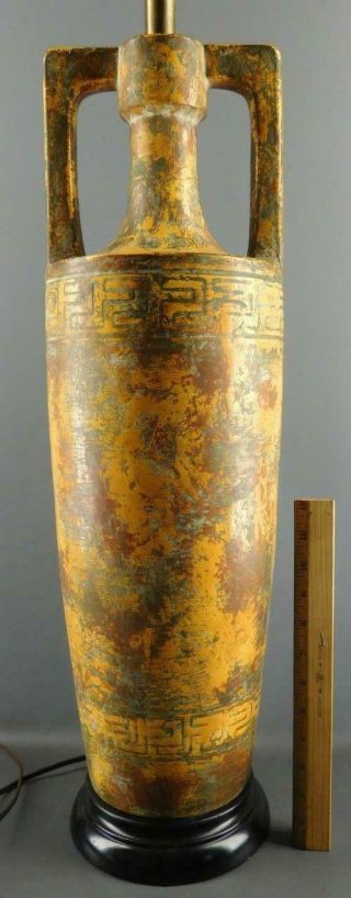 Mid - Century Modern Tall Amphora Greek Key Orange/brown Pottery Lamp 40.  5  High
