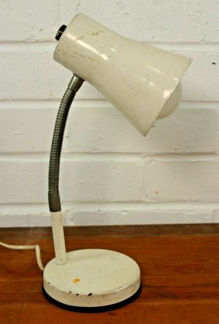 Vintage 1970s Small White Gooseneck Adjustable Metal Desk Table Lamp Industrial