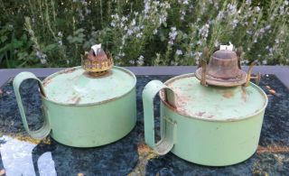2 Hand Held Metal/tin Plate Oil Lamps - Green With Different Burners.