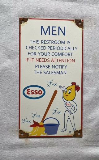 Vintage Esso Men Restroom 11” Porcelain Sign Car Gas Oil Truck Gasoline