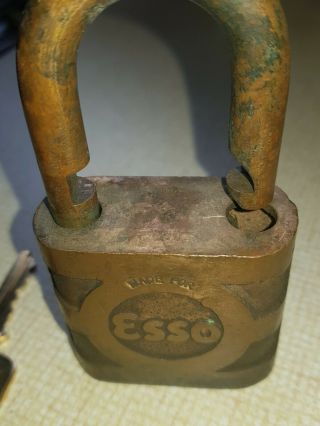 Esso Petrol Pump Padlock With Key Brass Can Auto Lock Fuel Vintage