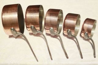 Vintage French Copper Saucepan Pan Set 5 Hammered Hand Tinned 2mm 14.  3lbs