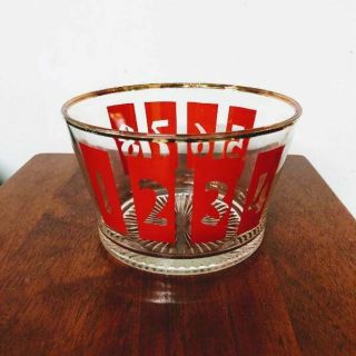 Vintage Mid Century Modern Glass Ice Bucket With Red Numbers 1 - 8 Gold Trim