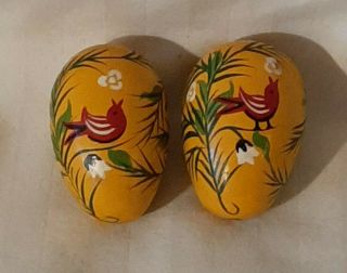 2 Vintage Russian Hand Painted Wooden Wood Eggs Birds Flowers Floral