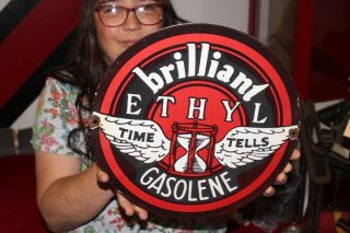 Johnson Time Tells Brilliant Ethyl Gasoline Gas Station Porcelain Metal Sign