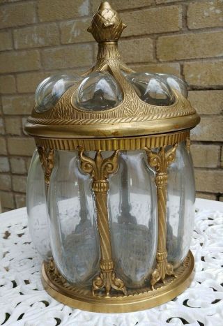 Antique Brass & Blown Bubble Glass Apothecary Jar Urn Ornate Lid 12 1/2 " Tall