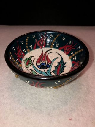 Vintage Ceramic Bowl Folk Art Handmade Painted Pottery Clay 3.  25”