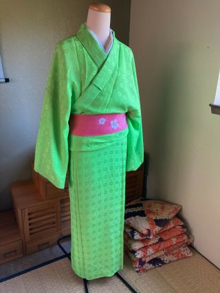 Tall,  Wide Vintage Japanese Kimono Green Brocade - Usa Ship Cosplay Sca Dance