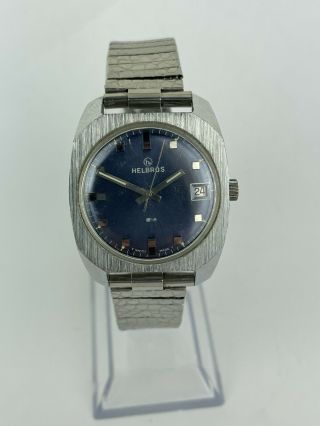 Vintage Helbros Wristwatch Blue Dial Date Window - Running