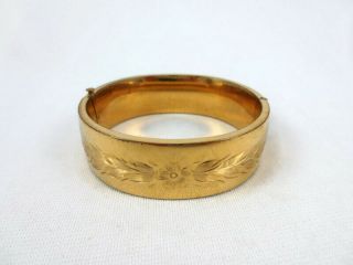 Vintage 12k Gold Filled Wide Hinged Bangle Bracelet Flower Engraved Carl Art