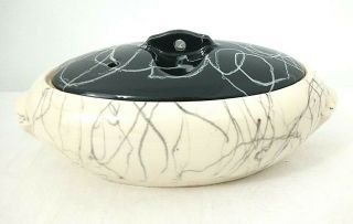 Vintage Mccoy Brush Casserole Dish Lid Usa Pottery Mcm Black Ivory Oval Ceramic