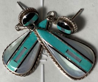 Sterling Silver Earrings: Vintage Signed C.  Luarkie Zuni Turquoise Inlay Ss - 461