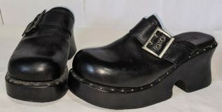 Mia Black Leather Platform Mule Clog Shoes Vtg 90 