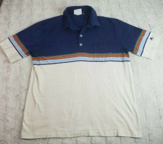 Vintage Hobie Mens Polo Shirt Large Blue Yellow Striped Collared Single Stitch