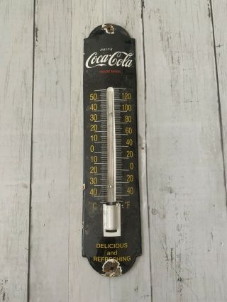Vintage Coca Cola Porcelain Sign Thermometer Gas Oil Die Cut Refreshing Soda