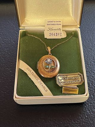 Vintage Krementz 14 Kt Gold Overlay Cultured Pearl Locket & Chain