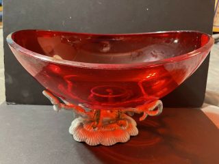 Arthur Court Aluminum And Brass Seashell Stand & Red Lucite Bowl 1993 Vintage