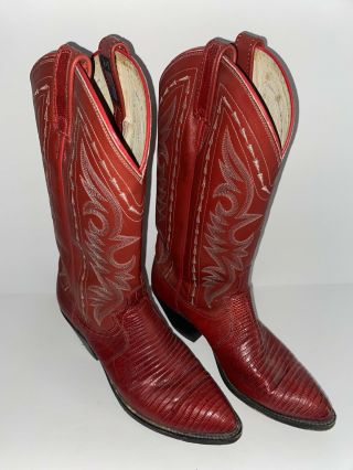 Vintage Dan Post Red Lizard Skin & Leather Ladies Cowboy Western Boots Sz 8