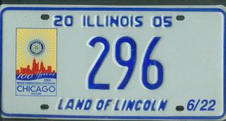 Illinois 2005 License Plate " 296 " Rotary International 100 - Year Chicago
