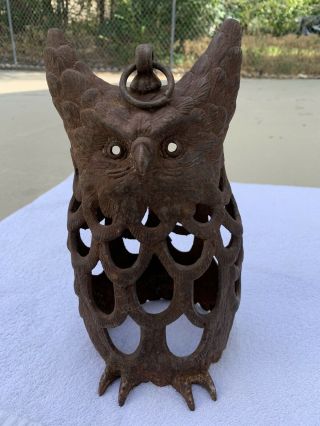 Vintage Cast Iron Owl Lantern Garden Hanging Candle Holder Figurine Decoration