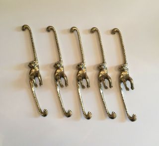 5 Vintage Solid Brass Hanging Monkey Hooks Hangers 6.  75 " Long Each